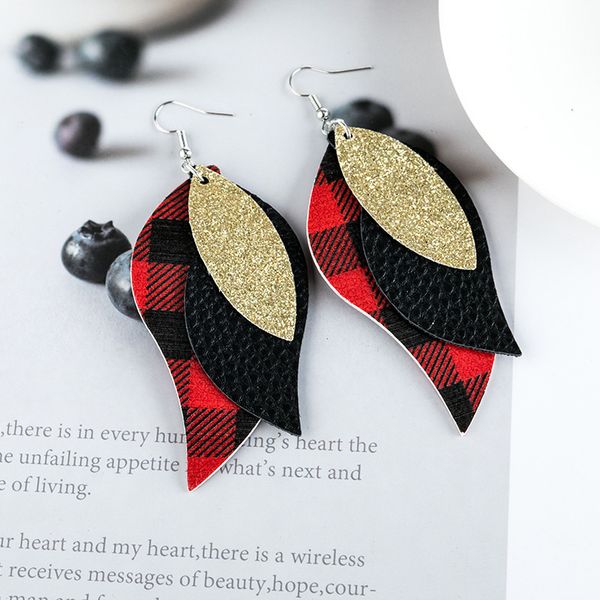 

fashion-new new arrival feather earrings glitter triple plaid fringe leather earrings exaggerated layered splice leaf shaped earrings, Silver