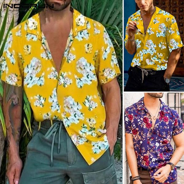 

incerun men fashion flower printed shirts short sleeve lapel brand blouse hawaiian summer breathable casual chic camisa 3xl, White;black