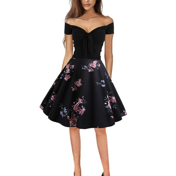 

summer party dress women vintage floral print off shoulder dress women clothes 2019 evening party dresses, Black;gray