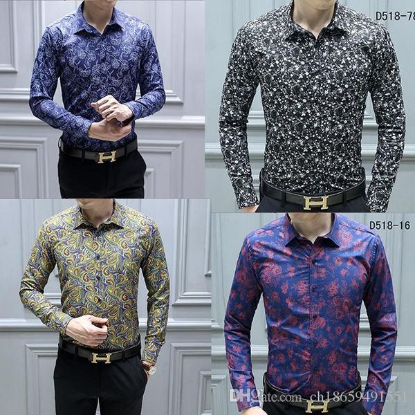 

новый модный дизайнер slim fit рубашки мужчины черное золото цветочный принт мужские рубашки с длинными рукавами бизнес повседневные рубашки, White;black