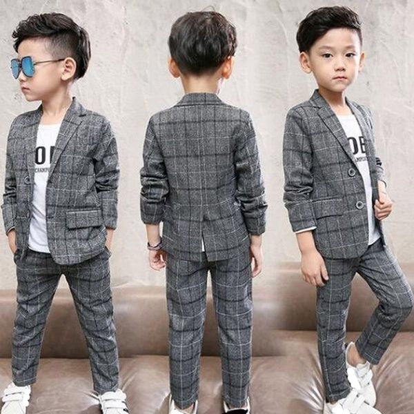 

2019 two pieces kids formal wear boys plaid blazers outfits children slim fit wedding suits handsome in stock boys clothes, Black