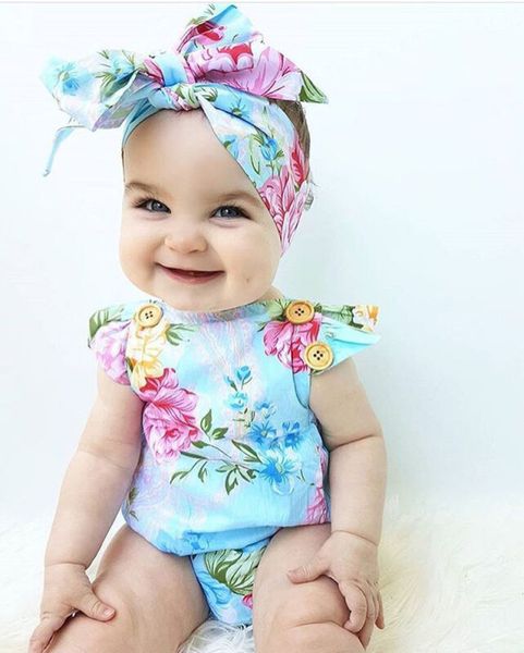 

новая мода прекрасный новорожденный baby girl одежда цветочные рукавов хлопок romper комбинезон оголовье эпикировка женский пляжный костюм, Blue