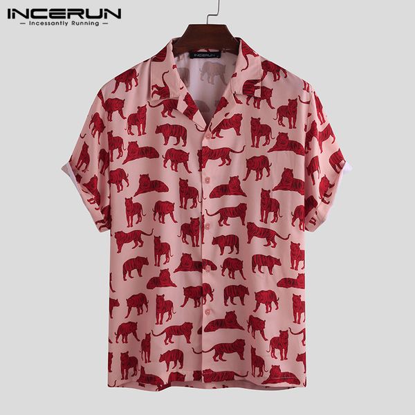 

incerun 2020 printed mens casual shirt lapel breathable street casual camisa short sleeve men hawaiian shirt vacation 7, White;black