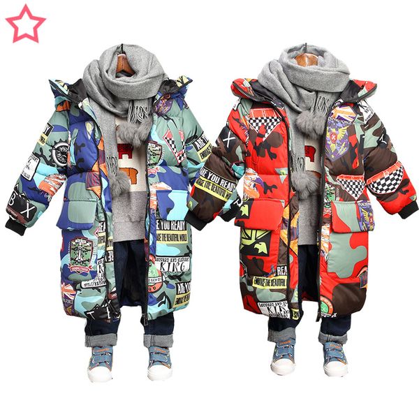 

kids winter jacket hooded winter jackets graffiti camouflage parkas for teenagers boys girls thick long coat kids clothes, Blue;gray