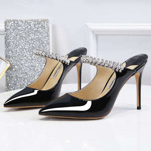 

pumps women scarpe donna female shoes thin heels ladies heel shoes pointed toe zapatos de mujer crystal chaussures femme chain, Black