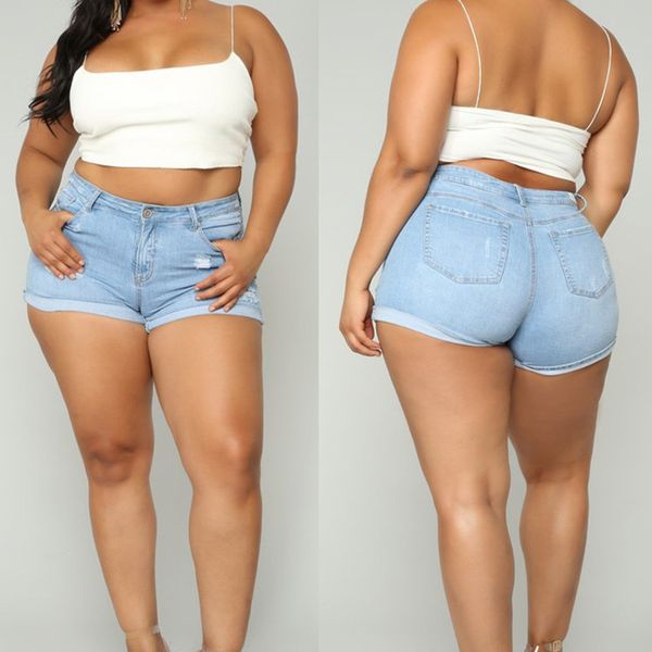 

europe and america 2019 summer new style large size female jeans shorts revers mommy fatty foreign trade pan, Blue