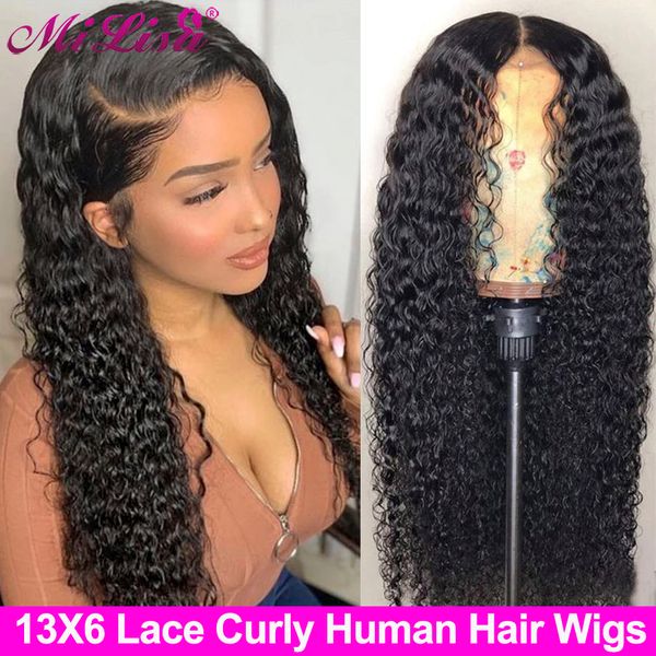 

курчавые человеческие волосы парик предварительно перебирают скорости 13x6 13x4 кружева передние парики человеческих волос для женщин ми лиз, Black