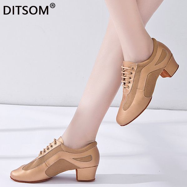 

2020 cow leather and net latin dance shoes middle heel ballroom dance shoe for women girls summer sneakers