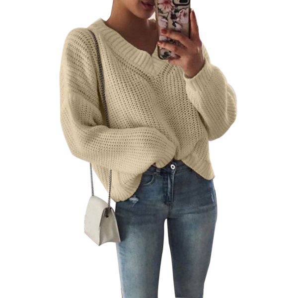 

2019 women pullovers autumn fashion wool knitted sweaters woman clothes women loose v neck woolen knitwear solid streetwear, White;black