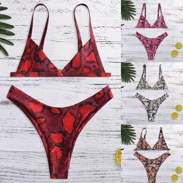 

bikinis 2019 mujer women snake skin high cut v neck two pieces bikini swimwear swimsuit beachwear cover-ups dropping biquini #sx