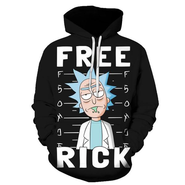

fashion casual breathable sweatshirt latest men's hooded sweatshirt rick moti cartoon pattern fashion 3d print top, Black