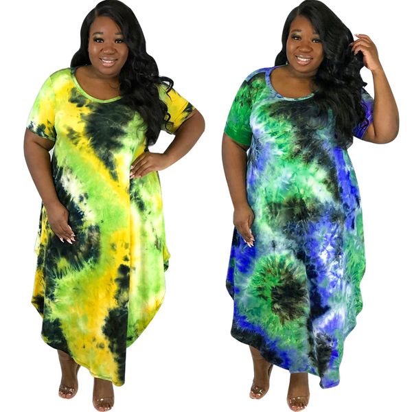 

summer women dress plus size tie-dye printed casual short sleeve long maxi dress clothes robe femme 5xl, Black;gray