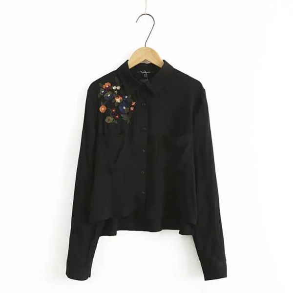 

designer blouse women retro flower embroidery striped long sleeve blusas printing black shirts brand ladies lapel fashion women, White