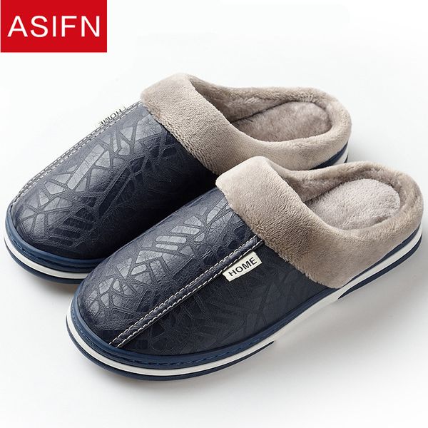 

2020 asifn men slippers indoor leather winter waterproof warm home fur women slipper male couple platform shoes fluffy big sizes, Black