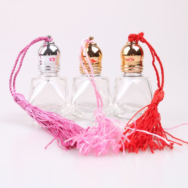 

8ml rhombus shaped clear glass essential oil roller bottles perfume lip balms roll on bottles with tassel