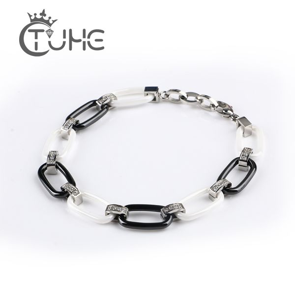 

2019 new geometric women charm bracelets crystal cz rhinestone black white ceramic bangle bracelet trendy wedding jewelry gift, Golden;silver