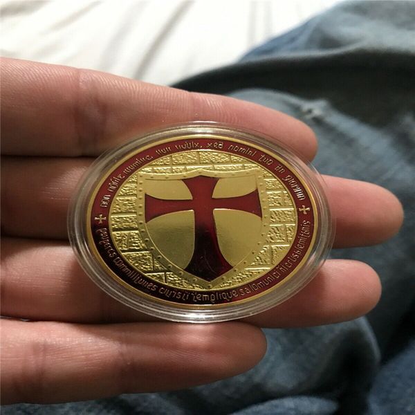 

challenge coin knights templar cross man on horse red and gold color 10pcs/lot metal crafts gold plated coin business gift