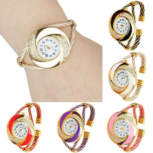 

2019 women fashion spiral round rhinestone braid bangle cuff analog quartz bracelet watch, Slivery;brown