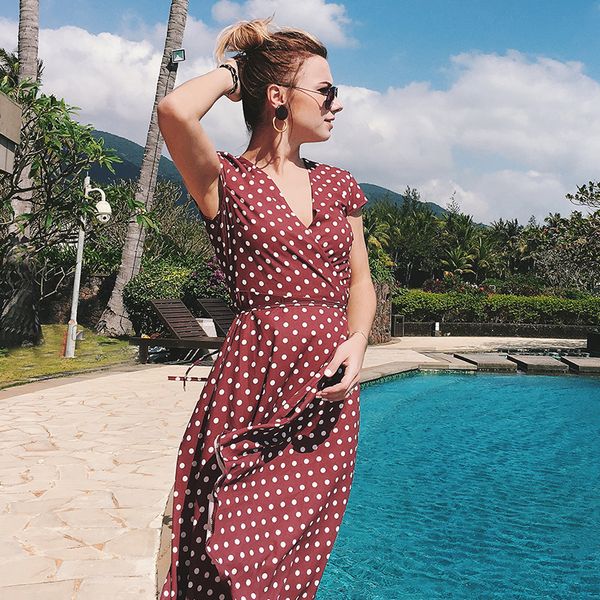 

женщин дизайнер платье магазин с v-образным вырезом узор в горошек шифон женщины лето свободного покроя богемный длинное платье, Black;gray