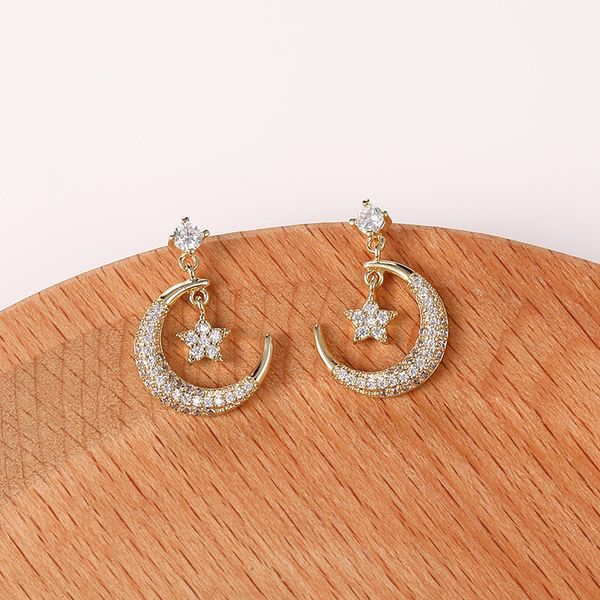 

fashion korean 925 silver needle stars moon zircon dangle earrings for women copper inlaid cz micro pave drop earring wedding jewel