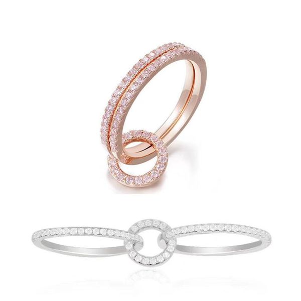 

sljely fashion real 925 sterling silver pink and white zirconia stones double rings buckle finger ring women fine brand jewelry, Golden;silver