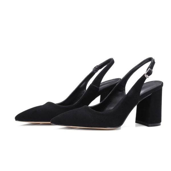

size 34-42 high heels women pumps kid suede square high heel slingbacks shoes real leather buckle pointed toe shoes lady, Black
