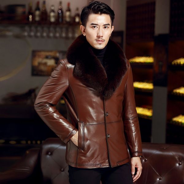 

leather coat men winter thick warm genuine sheepskin leather jacket down coat natural fur collar detachable npi 90214a, Black
