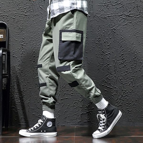 

2019 cotton men's side pockets cargo harem pants hip hop casual male tatical joggers trousers casual streetwear pants men, Black