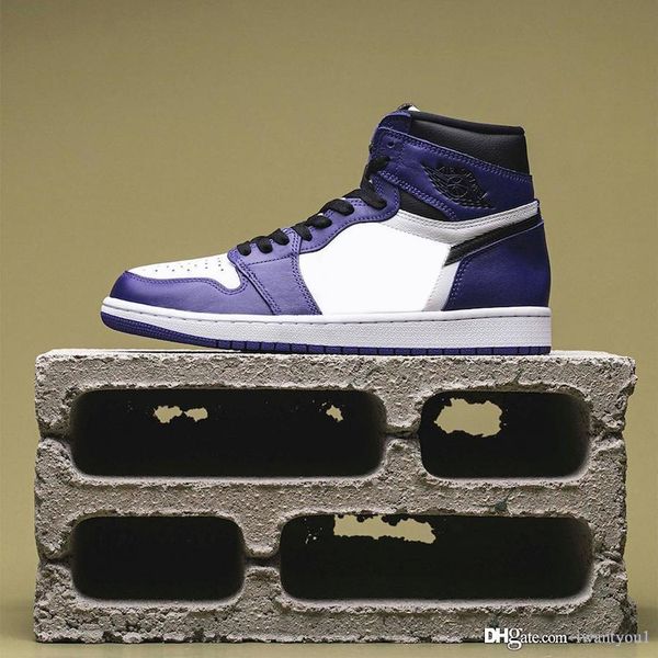 

2020 est authentic air 1 high og retro court purple pine green basketball shoes men white black sneakers 555088-500 with original box