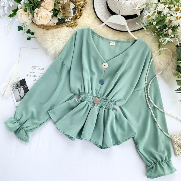 

2020 new spring autumn women elegant ruffles blusa blouse female vintage solid color v-neck chiffon shirt x44, White