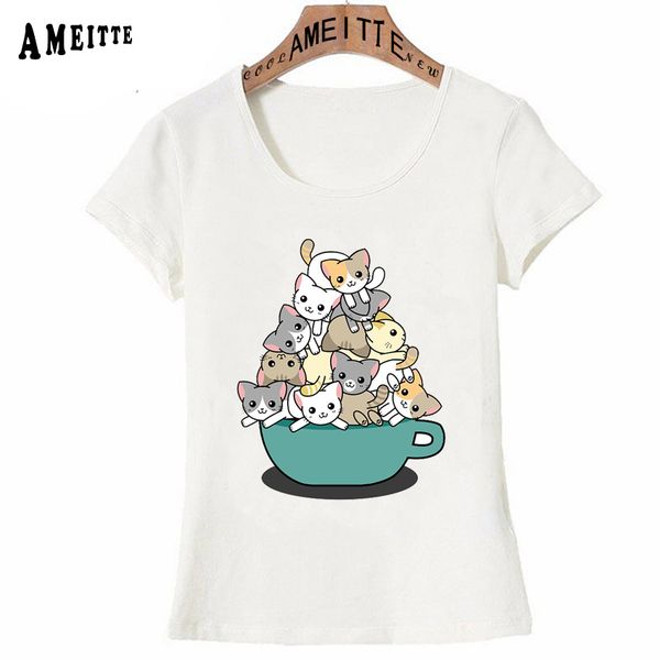 

new summer cute women t-shirt kitten my cup of print t-shirt fashion funny cat design girl ameitte woman casual tees, White