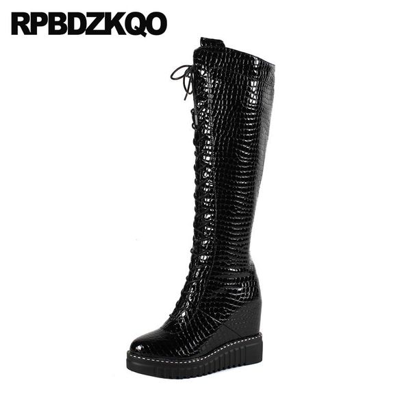 

shoes snakeskin wedge black winter high heel gothic luxury side zip boots women long patent leather knee platform hidden snake