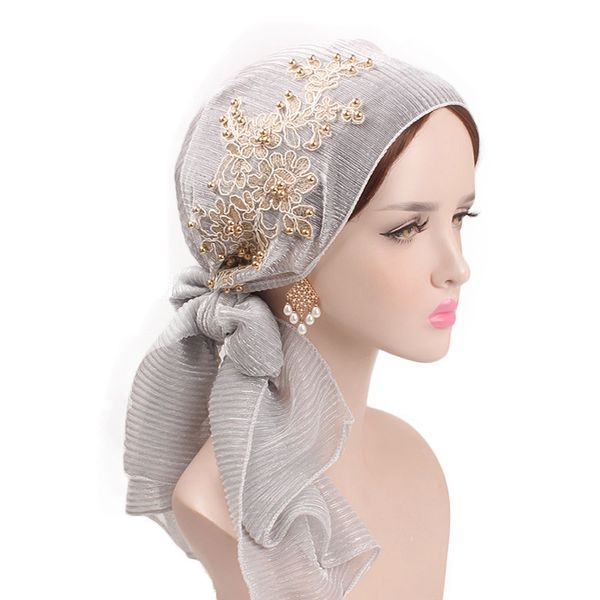 

2019 new muslim long tail scarf hat skullies beanie velvet cap pearl headscarf african turban women headwraps, Blue;gray