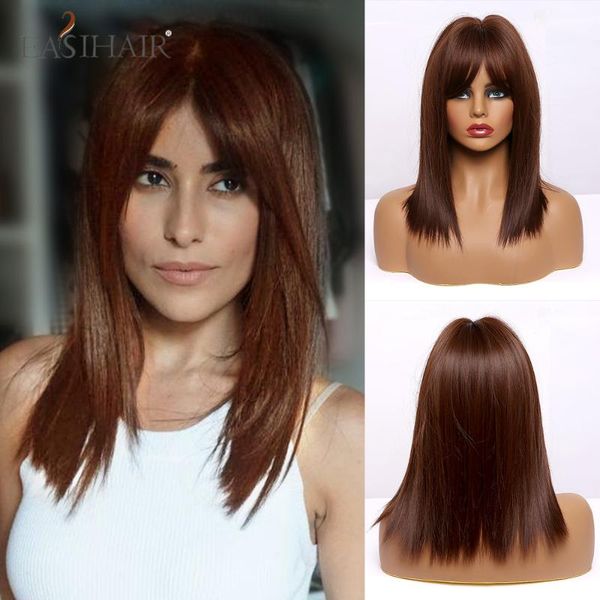 

easihair medium length dark red brown straight layered synthetic wigs with bang heat resistant cosplay lolita wig for women afro, Black