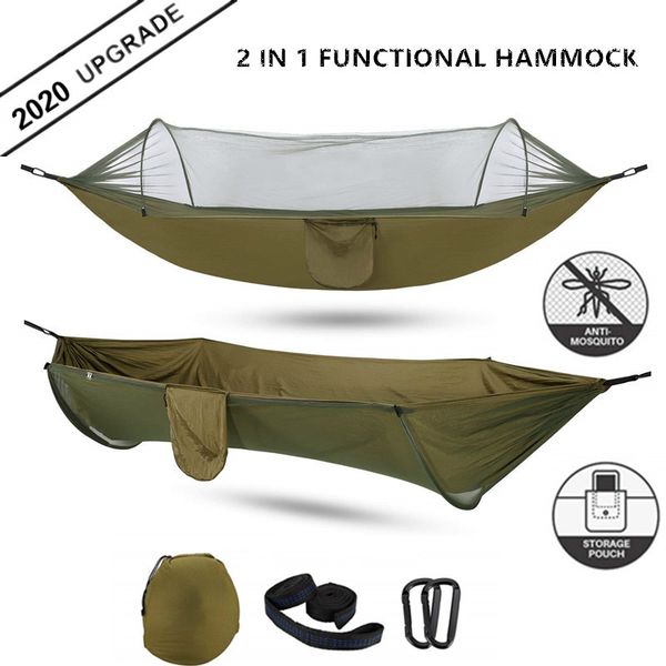 

portable hammock with mosquito net parachute fabric hammock net, durable and portable, suit for 2 persons, tree tent, outdoors