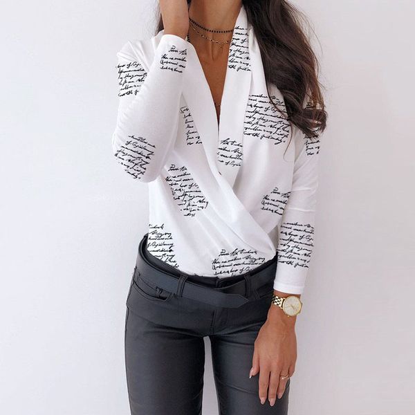 

2019 autumn and winter new women's v-neck fashion print long-sleeved shirt women fashion urban casual shirt, White
