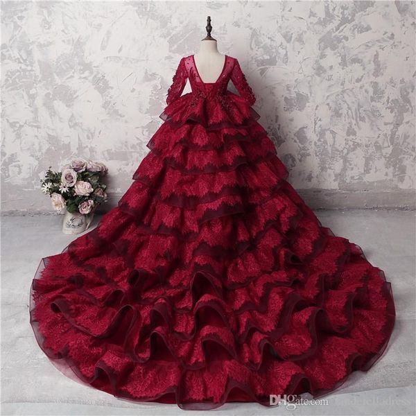 

dark red sheer long sleeves ball gown lace girl' pageant dresses tiered beaded puffy bandage back formal kids birthday prom party gown, White;red