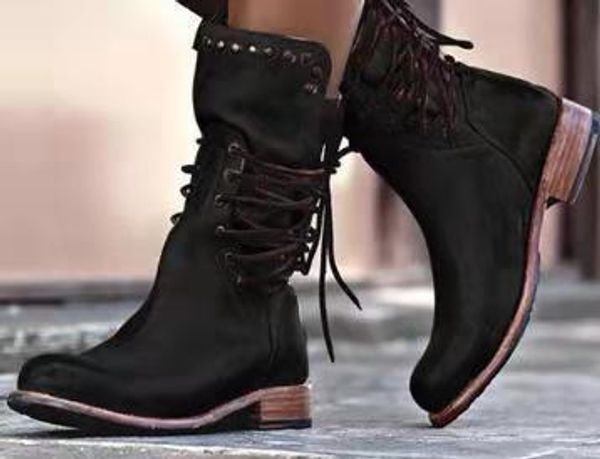 

womens designer boots females mid tube new round toe side studs short tube large size boots fashion trend 2020 new selling, Black