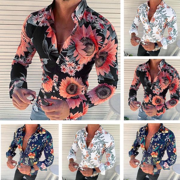 

mens floral shirts long sleeve casual rose flower 3d printed turn down collar slim fit male clothing, White;black