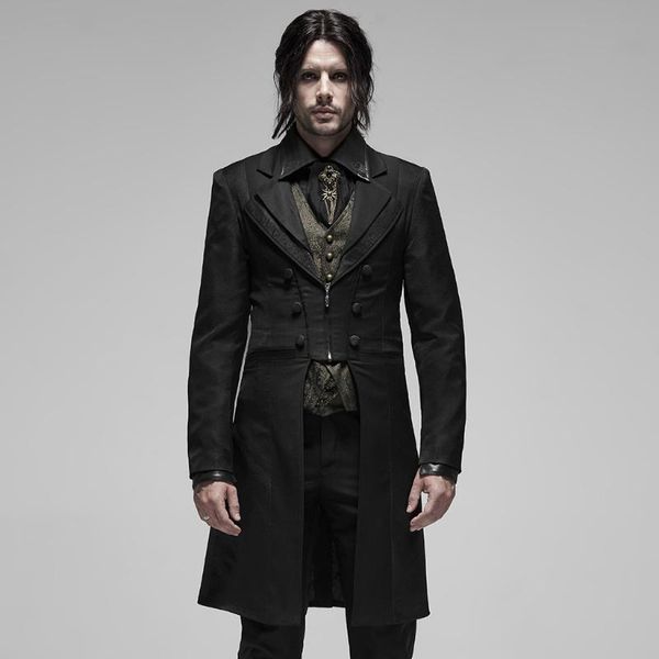 

punk rave men's gentleman stitching long jacket double deck collar design fit party evening dinner trench coat men, Tan;black
