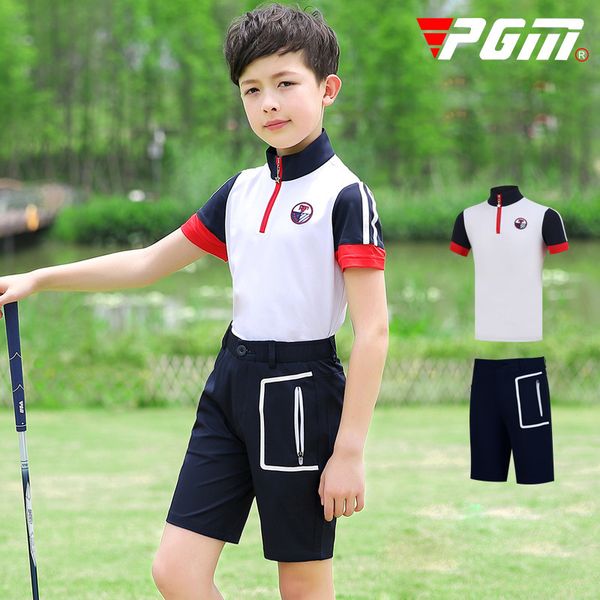 

pgm teenager boys clothing sets summer breathable short sleeved t shirt zipper pocket shorts anti-sweat sportswear d0783, Black;blue