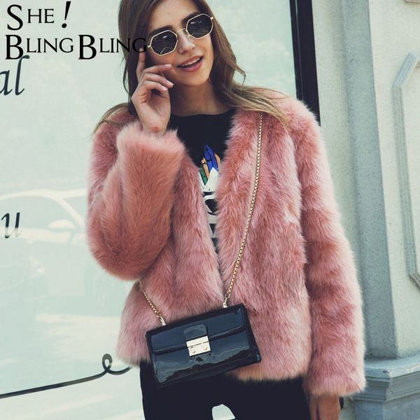 

sheblingbling oversized jacket women winter fashion casual thick warm faux fur jackets long sleeve v-neck faux fur coats, Black