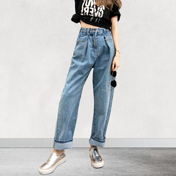 

autumn and winter new nine-cent women's jeans with high waist and loose flanging literary style broad-legged pants, Blue