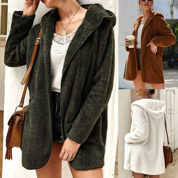 

women autumn solid color fluffy fleece front open coat jacket with pockets lady 2019 hooded oversized casual overcoat outwear, Black;brown