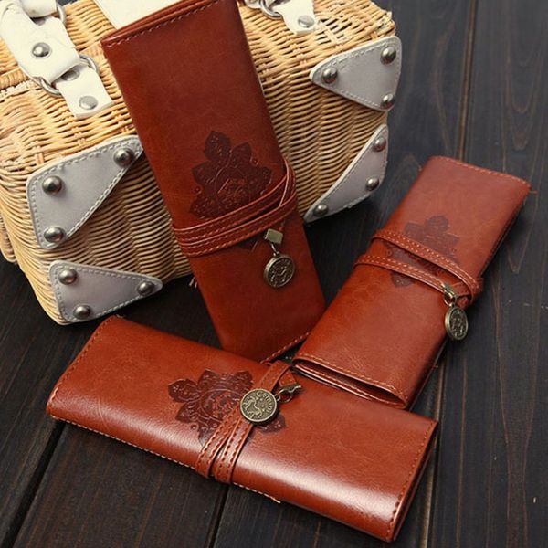 

students kids retro vintage roll leather pen pencil case pouch purse bag box