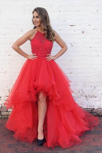 

charming red pretty evening dresses stunning beading halter organza ruffles high low prom gowns 2019 graduation dresses real pictures, Black;red