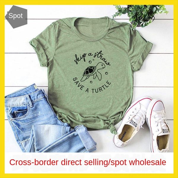 

skip straw save turtle letter casual loose short-sleeved t-shirt skip a straw save tortoise tortoise a turtle letter casual loose short-slee, White