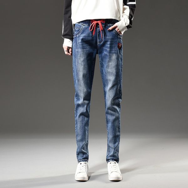 

women's 2019 autumn and winter new elastic waist jeans wild high waist harlan jeans, Blue