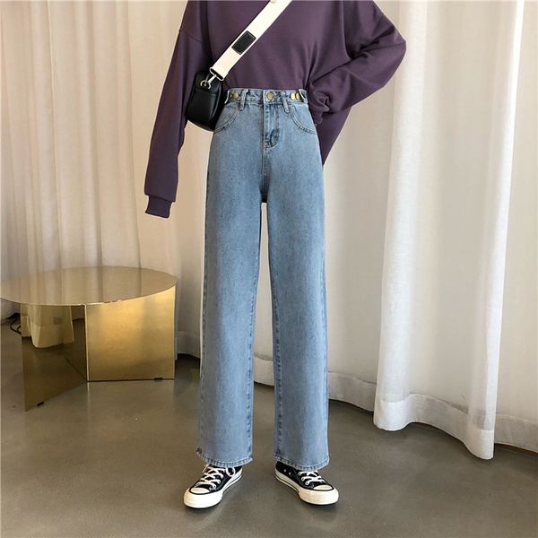 

2020 boyfriend jeans for women elegant high waist blue denim trouser streetwear pockets loose wide leg mom jeans pants female