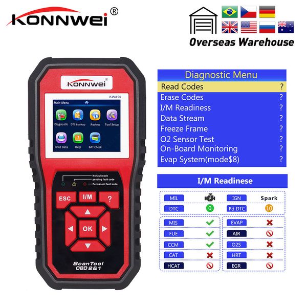 

konnwei kw850 полный obd2 функция многоязычный автоматический диагностический инструмент obd ii читателя код неисправности двигателя, al519
